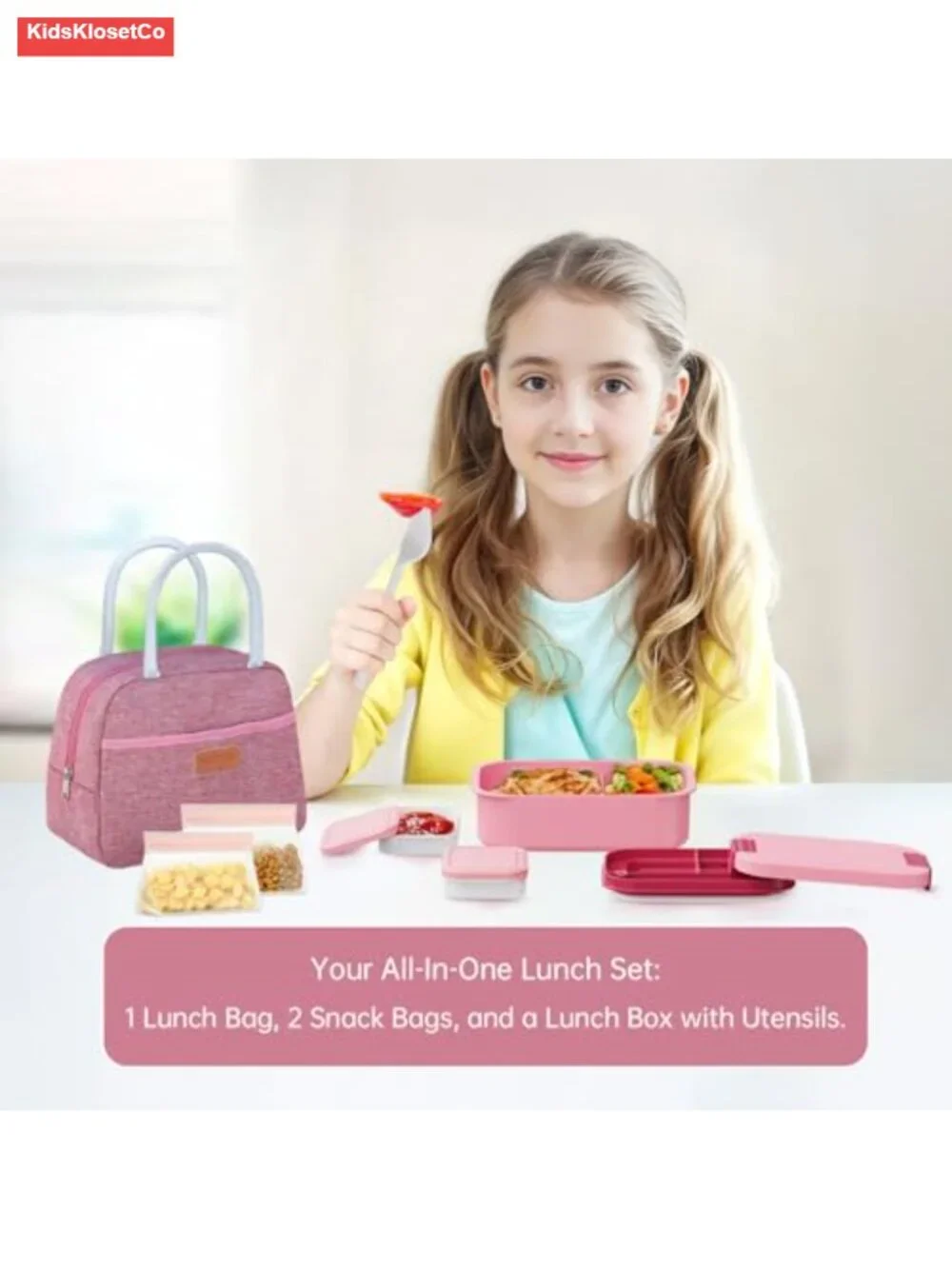 4-in-1 Bento Lunch Box Set with Insulated Bag, Pink